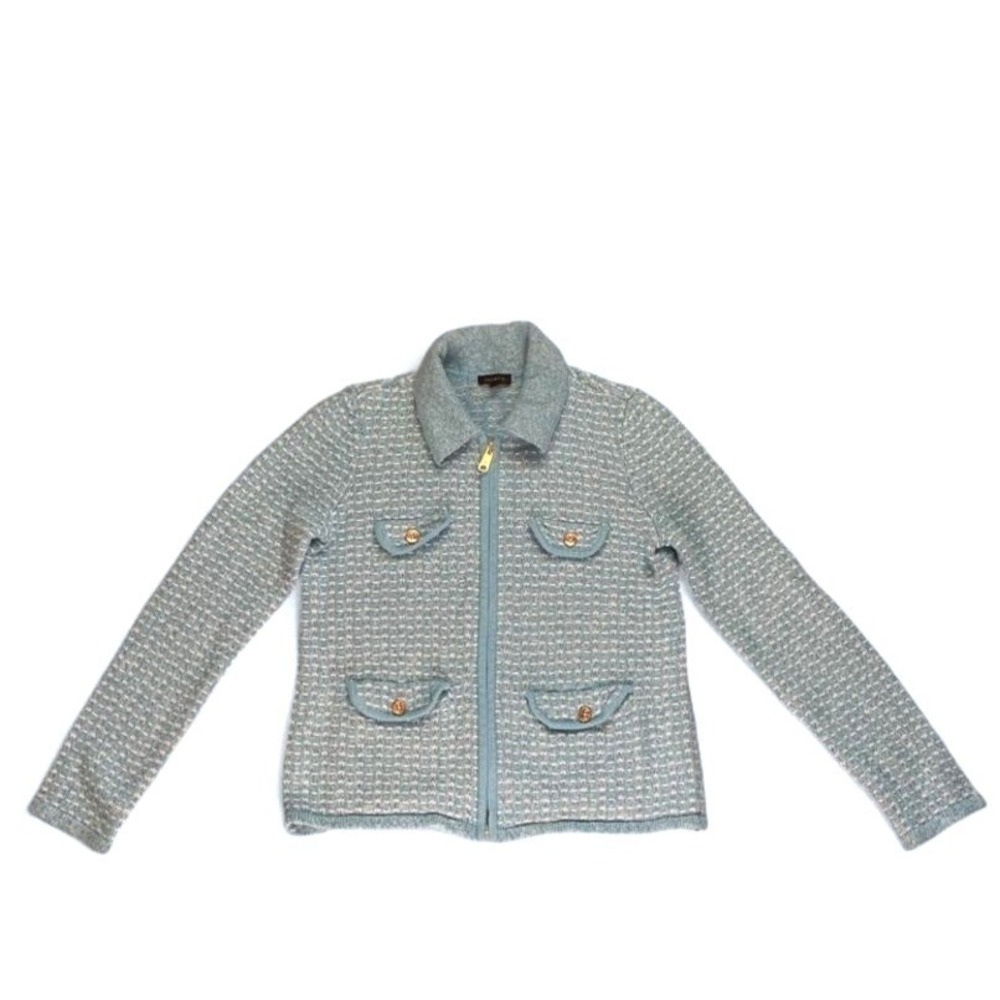Light Blue Textured Knit Full Zip Cardigan Sweater Gold Buttons XS by Talbots - Picture 2 of 5
